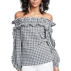 RACHEL Rachel Roy Ruffled Gingham Off The Shoulder Top Long Sleeve Preppy Blouse